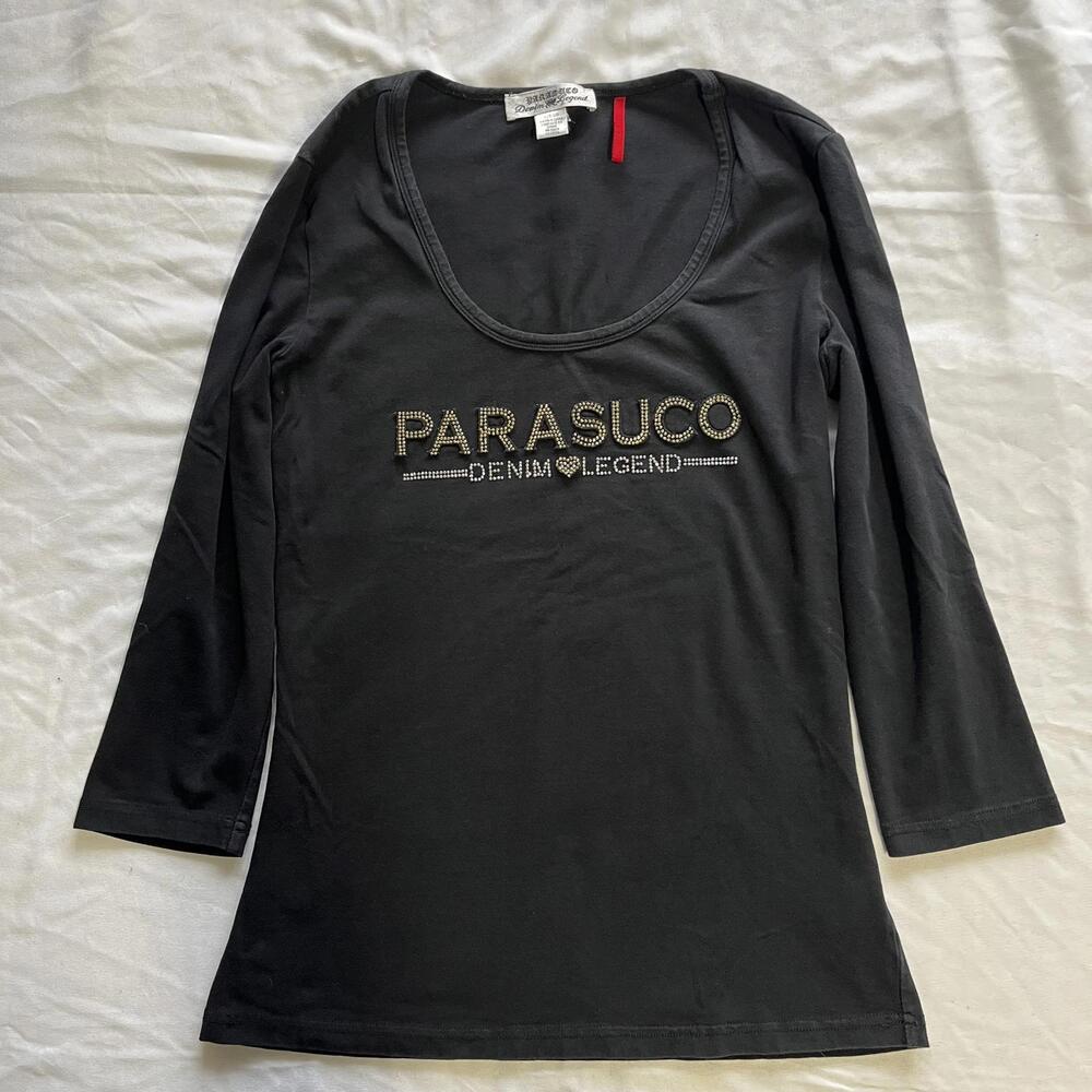 Y2K Parasuco denim legend black three quarter sleeve top with bedazzled logo L